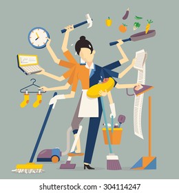 Vector illustration in super mom concept, many hands working with very busy business and housework part, feeding baby, cleaning house, cooking, doing washing, working with laptop. Flat design.   