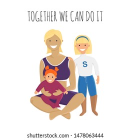Vector Illustration of Super Mom with Daughters in Flat Style. Motivational Banner with Adult Woman, Little Girl and Baby Girl.Concept Design of Happy Smiling Super Mother with her Children