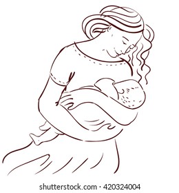 vector illustration super mother with child in field. Mothers day. The mother holds the child on hands. 
