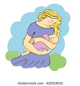 vector illustration super mother with child in field. Mothers day. The mother holds the child on hands. 