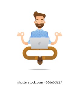 Vector illustration of a super professional programmer or project manager. Funny cartoon character of a person in a yoga pose.