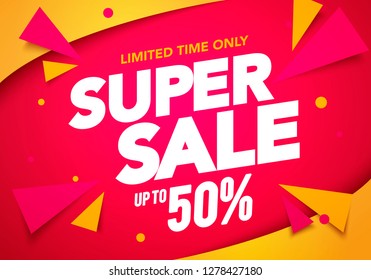 Vector Illustration Super Sale Banner Template Design, Big Sales Special Offer. End Of Season Party Background