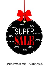 Vector illustration. Super sale. The inscription is white and red on the background of a black circle. For printing advertising materials, announcements, posters, signs. Sale of content, discounter.