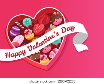 A vector illustration of super sweet candies in an opened heart box with a banner that says happy valentine's day.