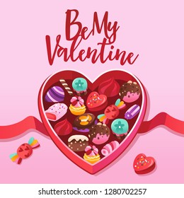 A vector illustration of a super sweet candies chocolate opened heart box filled with sweet treats and confectionery with be my valentine phrase.