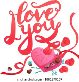 A vector illustration of super sweet candies and chocolates in heart box with roses, ribbons and i love you phrase.