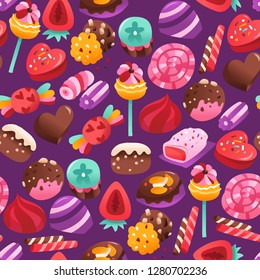 A vector illustration of super sweet valentine's day candies and chocolate seamless pattern on purple based background.