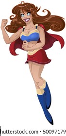 Vector Illustration Of Super Woman Flying With Red Cape And Making A Muscle.