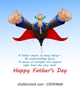 vector illustration of Superdad flying with son on Father's Day background