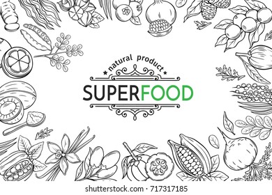 Ilustración vectorial berries de superalimentos y carteles de frutas. Carob, jengibre, moringa, lucuma, bayas coji, mangosteen, acai, guarana y noni. Producto natural de desintoxicación sana de camu camu.