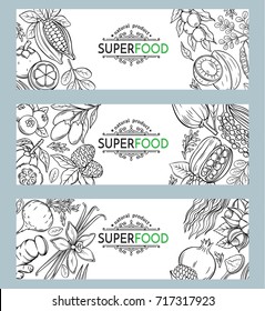 Vector illustration superfood berries and fruits banner template. Healthy detox natural product of camu camu. Carob, ginger, moringa, lucuma, coji berries, mangosteen, acai, guarana and noni.