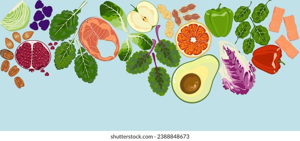 Vector illustration of superfood Fresh vegetable leaves and organic fruits mixed salad background healthy food For light background posters.