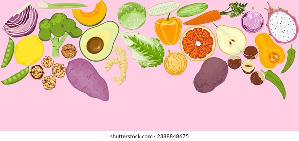 Vector illustration of superfood Fresh vegetable leaves and organic fruits mixed salad background healthy food For light background posters.