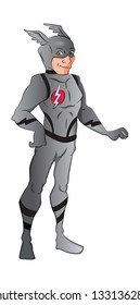 Vector illustration of superhero in blue costume, isolated on white background.