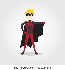 A vector illustration of a superhero boy. Children dressed as superheroes illustrations