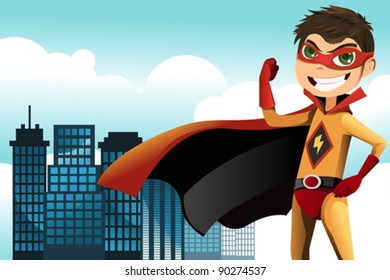 A vector illustration of a superhero boy in the city