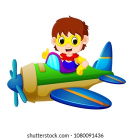 vector illustration of superhero boy riding flying plane
