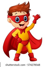 Vector Illustration Of Superhero Boy Waving Hand