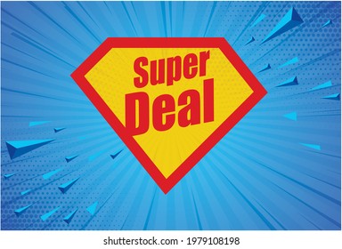 Vector illustration superhero concept banner design for special offers, sales and discounts. Superhero shield shape isolated on blue background.