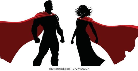 Vektorgrafik des Superhelden-Duo-Symbols mit roten Umschlägen, Silhouettenstil, Power-Pose und heldenhaftem Designelement