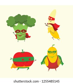 Vector illustration of Superhero fruits and vegetables set in the flat cartoon comic style