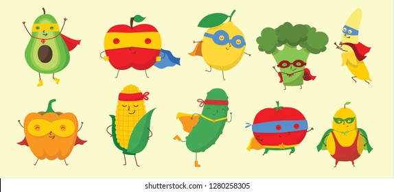 Vector illustration of Superhero fruits and vegetables set in the flat cartoon comic style