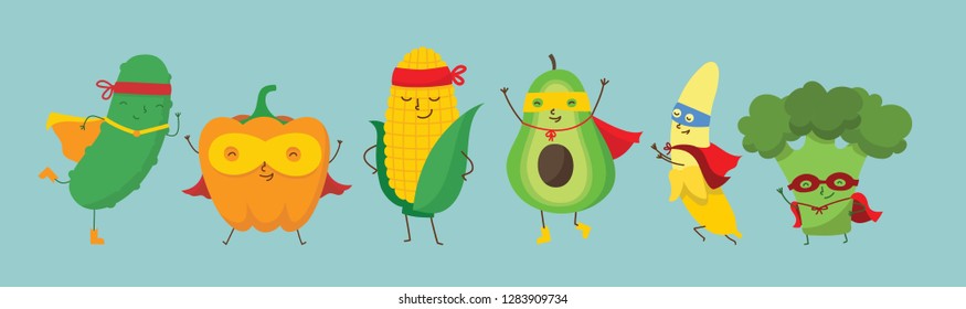 Vector illustration of Superhero fruits and vegetables set in the flat cartoon comic style 