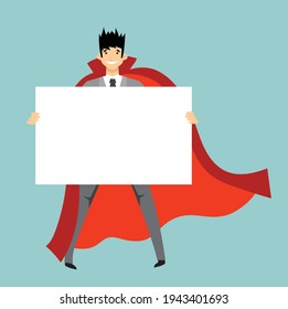 Vector illustration of superhero holding white banner in the flat style
