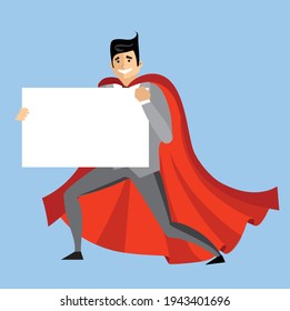 Vector illustration of superhero holding white banner in the flat style