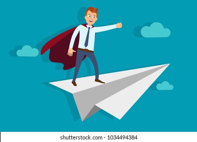 Vector illustration of superhero man flying on paper plane in blue sky. Flying high concept. Eps flat horizontal image.