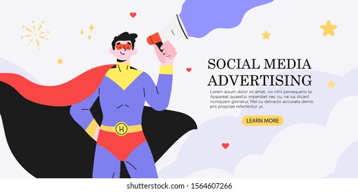 Vector illustration of a superhero in a mask with loud speaker. The concept of social media advertising, seo, referal program, advertisement in internet. Web ad banner, flyer, poster or landing page.