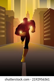 Vector illustration of a superhero running on city street