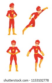 Vector illustration of superhero strength in different poses with the cool costume