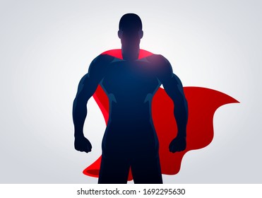 Vector Illustration Superhero In Strong Pose With Cape. Silhouette Of A Super Hero Man