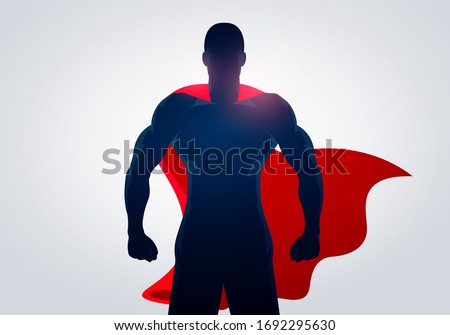 Vector Illustration Superhero In Strong Pose With Cape. Silhouette Of A Super Hero Man