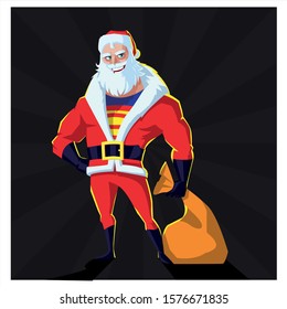 Vector illustration, superhero superman is wearing santa claus clothes, and giving out prizes