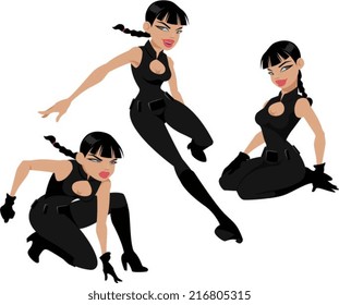 Vector illustration of a superhero woman in 3 different poses.