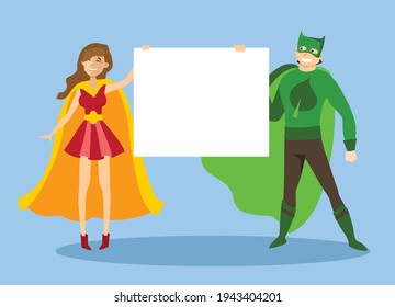 Vector illustration of superheroes holding white banner in the flat style
