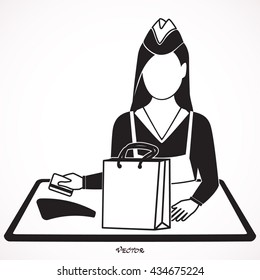 Vector illustration with supermarket counter, cashier. Cashier, cash box, pos terminal.  