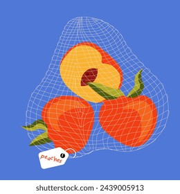 Vector illustration. Supermarket, food delivery, shopping, peaches, fruit. Fruits in a bag. Design element. Poster for social media. Diet, healthy food.