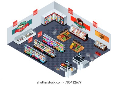 A vector illustration of Supermarket Grocery Store in Isometric 