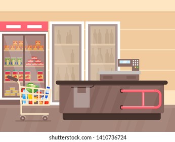 Vektorillustration Illustration von Supermarkt-Inneneinrichtung mit Tresen und Kühlschränken mit Getränken, Regalen und Ständen mit Produkten und Waren. Leerer Supermarkt, Linien mit Waren. Einkaufszentrum, Lebensmittelgeschäft, Geschäft