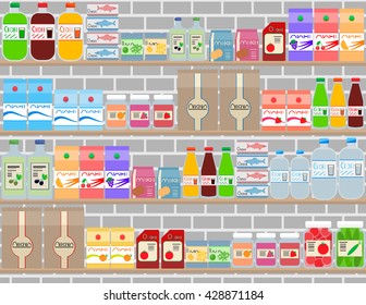 vector illustration supermarket shelves with bright products flat design