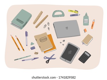 vector illustration
 of a supplies for study and office: pen, pencil, ruler, paper clips, buttons, scissors, notebooks, markers, glue, eraser; books, laptop, tablet, calculator.