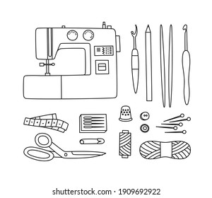 Vector illustration of supplies and tools for sewing. Sewing machine, scissors, pins, threads, needles, knitting threads, knitting needles, hook, measuring meter. Line art. Sewing hobby concept.