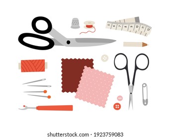 Vector illustration of supplies and tools for sewing. Scissors, pins, threads, needles, measuring meter, fabric pencil, fabric samples, pin, spool, thimble, pin, ripper. Sewing hobby concept.