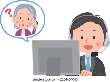 Ilustración vectorial de un hombre de un centro de apoyo y una mujer mayor cliente.