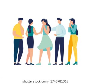 Vector illustration, support concept, a group of people console a crying girl, help a close-knit team in stressful situations vector