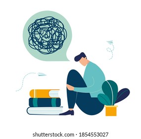 Vector illustration, support concept for those who are under stress, young man in a state of depression, confused situation, support is an opportunity and a chance