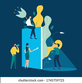 Vector illustration, support concept, young man looking ahead through an ajar door, support opportunity and chance